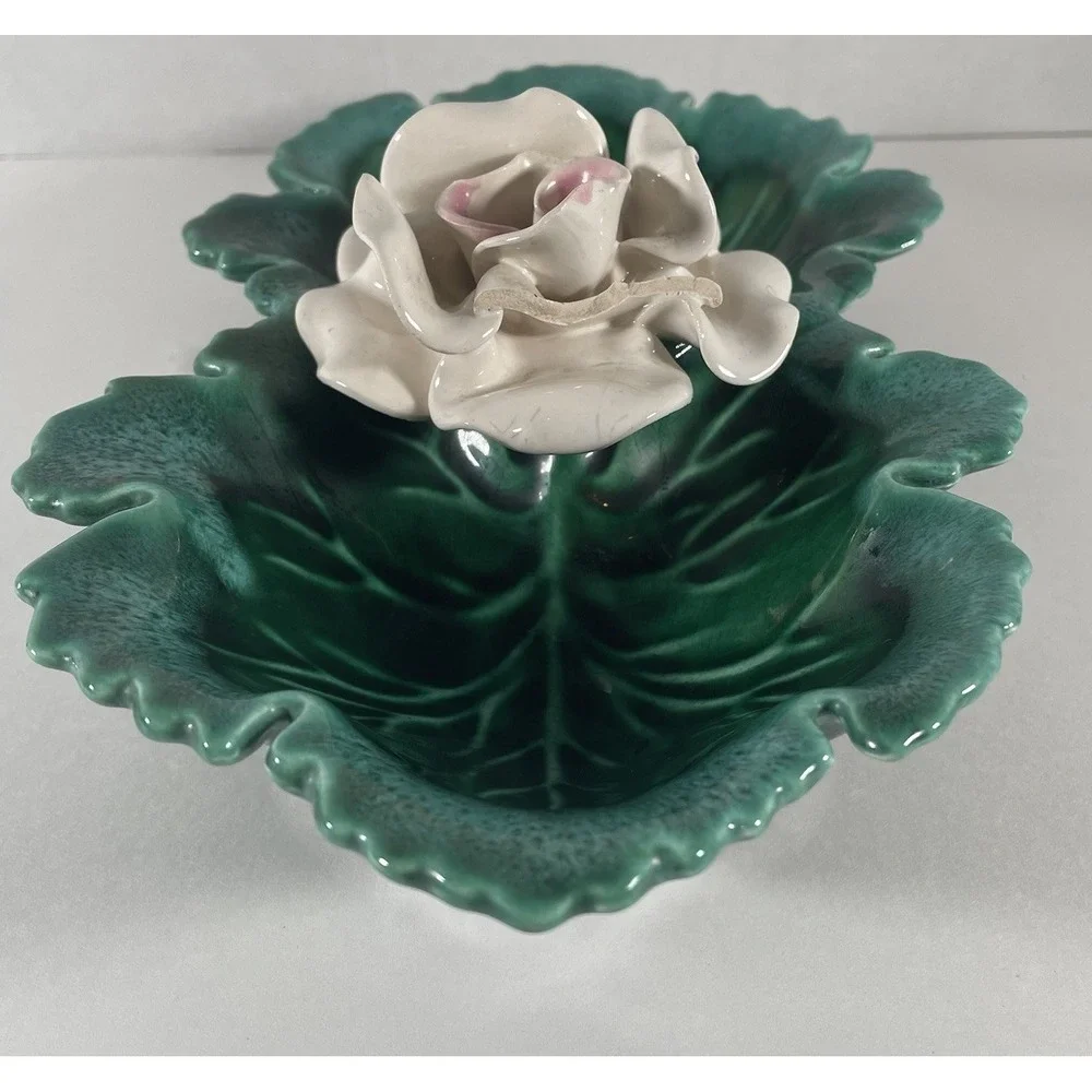 Vintage USA Pottery Leaf and Rose Divided Dish Mid Century‎ Trinket Bowl